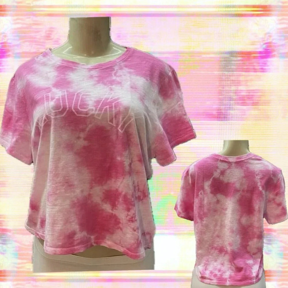 Lucky Brand L Pink Tie-Dye Logo Name Graphic Cotton Short Sleeve Crop Tee - Picture 1 of 6